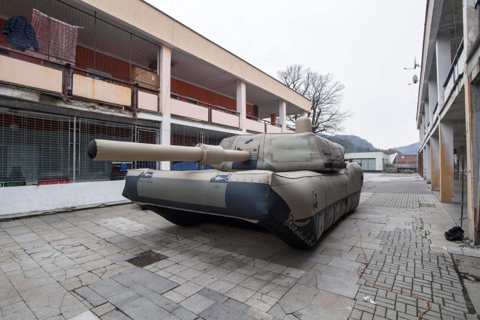 An inflatable decoy of an M1 Abrams tank. 