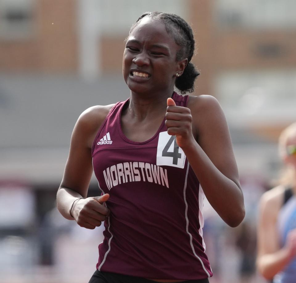 Boonton, NJ - May 16, 2023 —  Aaliyah Murphy of Morristown in the girls 400 meter hurdles at the Morris County 2023 Spring Track Championships.