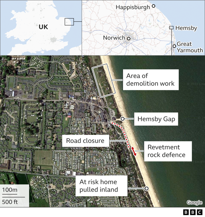 Ilustración que muestra la ubicación de la demolición de propiedades, nuevas defensas contra el mar y acceso a la playa en Hemsby Gap en Norfolk