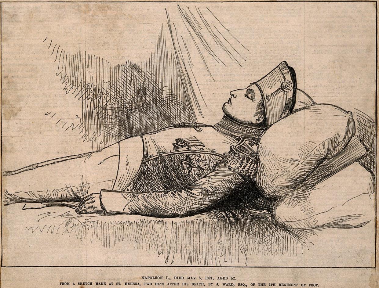 <span class="caption">Napoleón en su lecho de muerte en 1821.</span> <span class="attribution"><a class="link " href="https://commons.wikimedia.org/wiki/File:The_body_of_Napoleon_Bonaparte_laid_out_after_death,_1821._Wellcome_V0006899.jpg" rel="nofollow noopener" target="_blank" data-ylk="slk:Wikimedia Commons / Wellcome Collection gallery;elm:context_link;itc:0;sec:content-canvas">Wikimedia Commons / Wellcome Collection gallery</a>, <a class="link " href="http://creativecommons.org/licenses/by-sa/4.0/" rel="nofollow noopener" target="_blank" data-ylk="slk:CC BY-SA;elm:context_link;itc:0;sec:content-canvas">CC BY-SA</a></span>