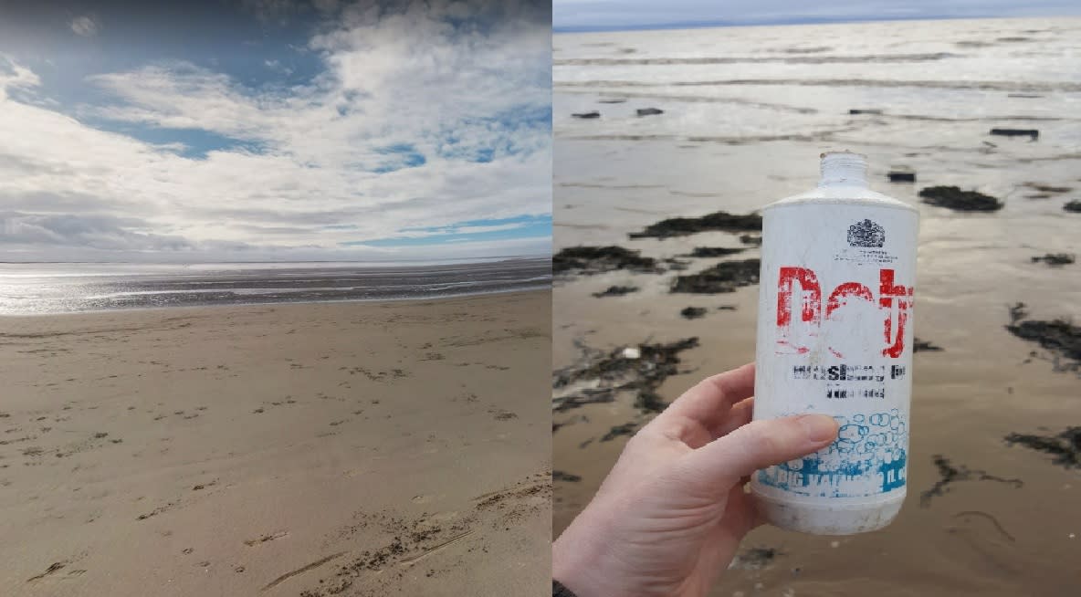 A bottled of Doby washing up liquid found by a walker on Burnham-on-Sea beach, in Somerset. It is thought to date back to the mid 1950s and has shown little sign of wear and tear. (Google Maps/SWNS)