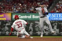 St. Louis Cardinals' Brendan Donovan (33) is out at second as Colorado Rockies shortstop Jose Iglesias turns the double play during the sixth inning of a baseball game Tuesday, Aug. 16, 2022, in St. Louis. The Cardinals' Tommy Edman was out at first. (AP Photo/Jeff Roberson)