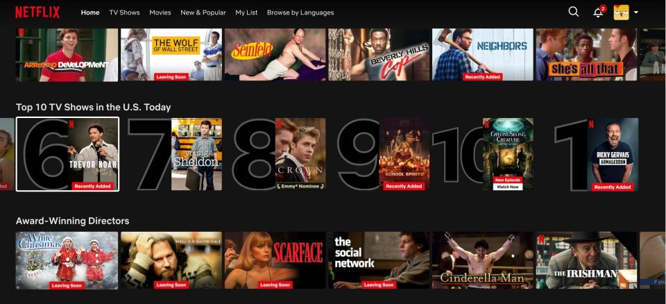 Entries six through 10 on Netflix's top 10 shows list as of December 26, 2023