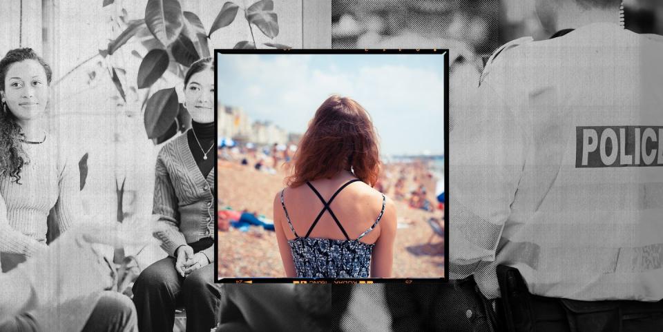 the back of a woman's body as she looks out on brighton beach