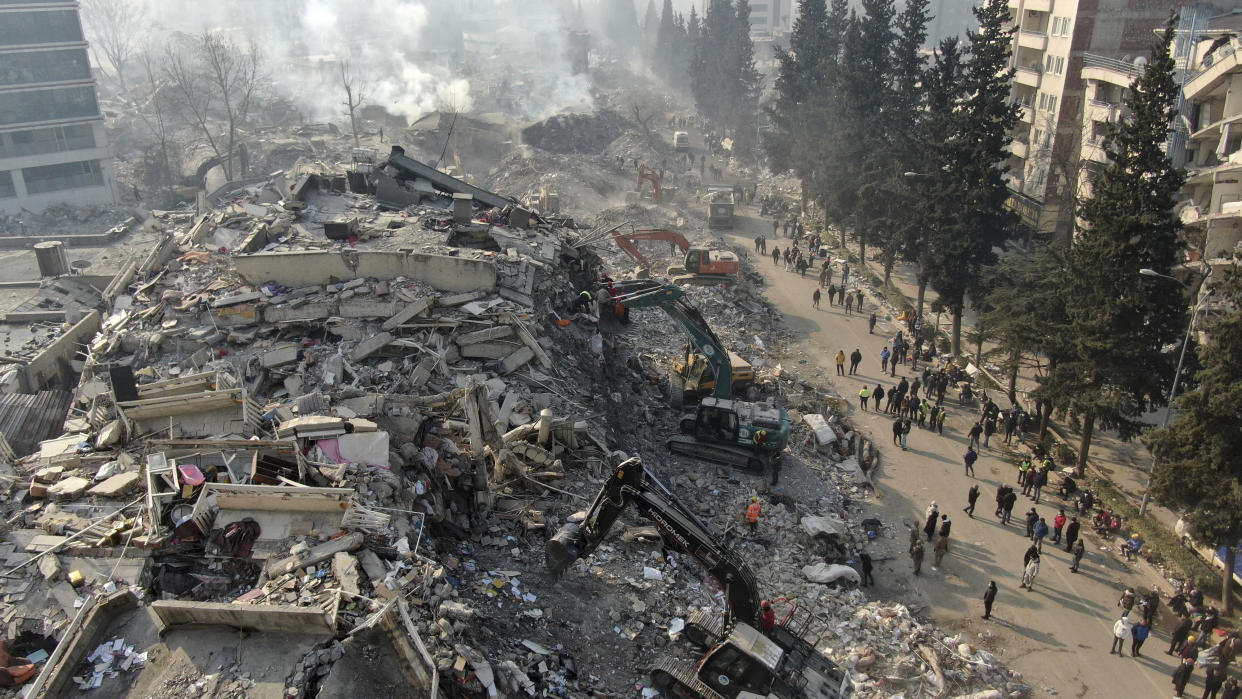 Aerial photo showing collapsed buildings in Kahramanmaras, southern Turkey, Saturday, Feb. 11, 2023. Rescuers in Turkey miraculously continued to pull earthquake survivors out of the rubble on Saturday. (IHA via AP)