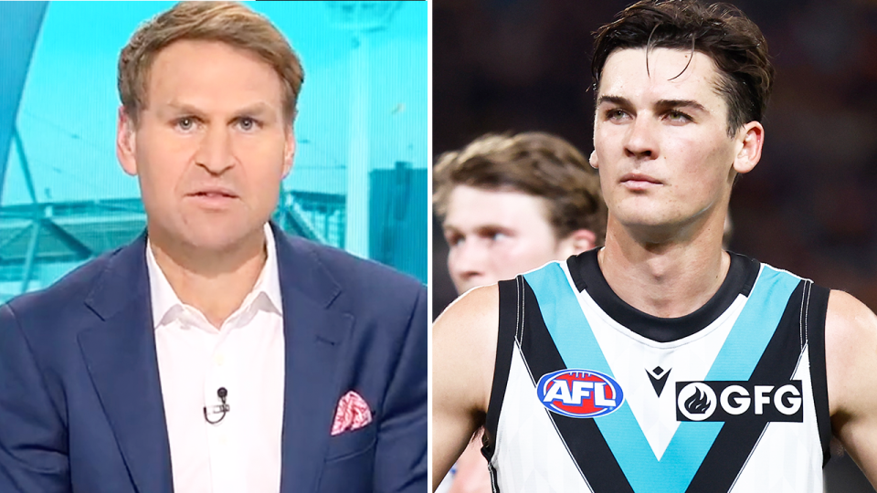 Kane Cornes speaks and Connor Rozee reacts.