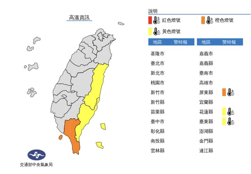 東南部地區有焚風發生的機率，屏東縣有連續36度高溫機率、台東縣、花蓮縣民眾也要防高溫。（圖／中央氣象局）