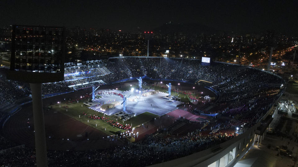 the opening ceremony of the Pan American Games at the National Stadium in Santiago, Chile, Friday, Oct. 20, 2023. (AP Photo/Carlos Padilla)