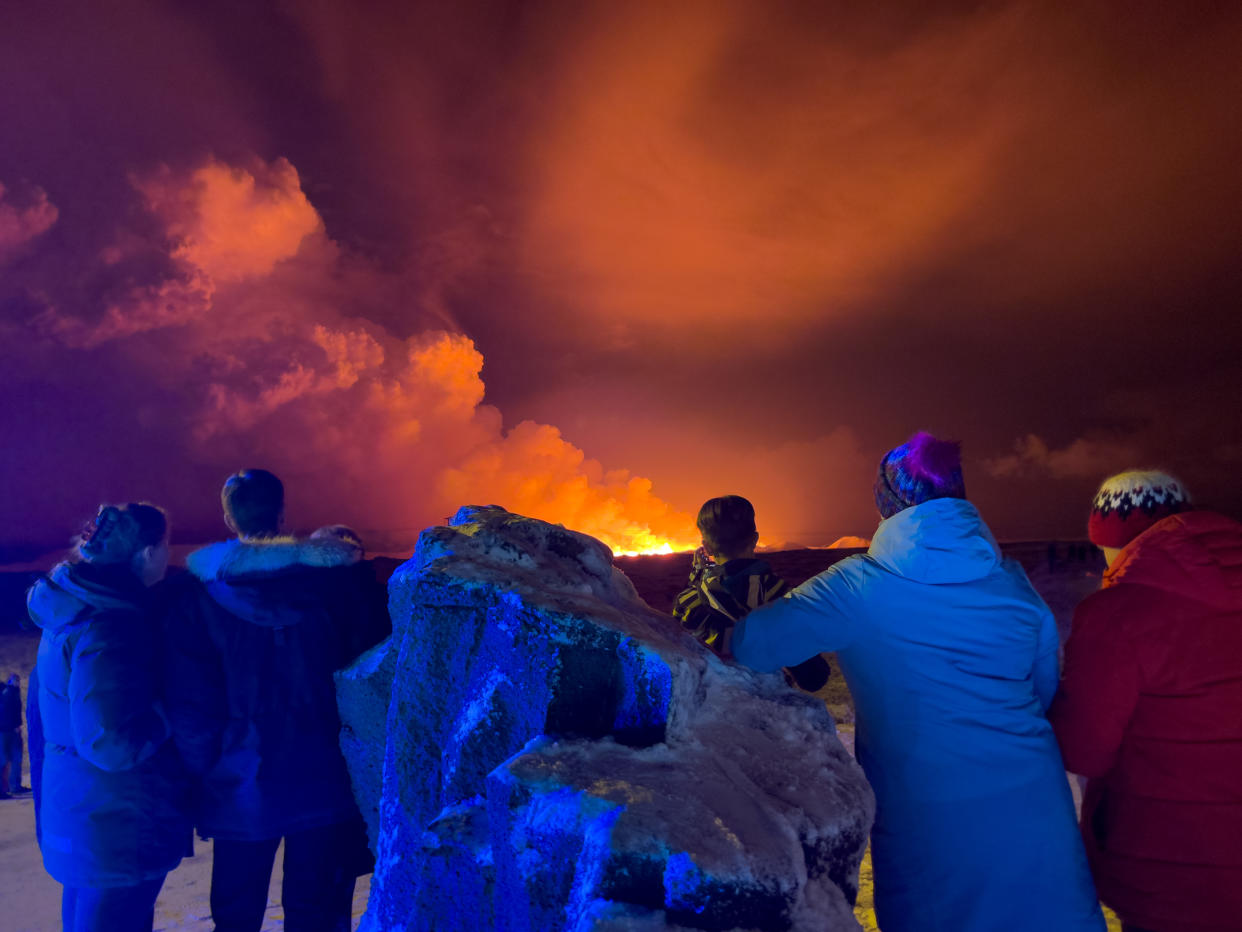 A volcano erupts on the Reykjanes Peninsula near the power station on December 18, 2023 north of Grindavik, Iceland. (Photo by Micah Garen/Getty Images)