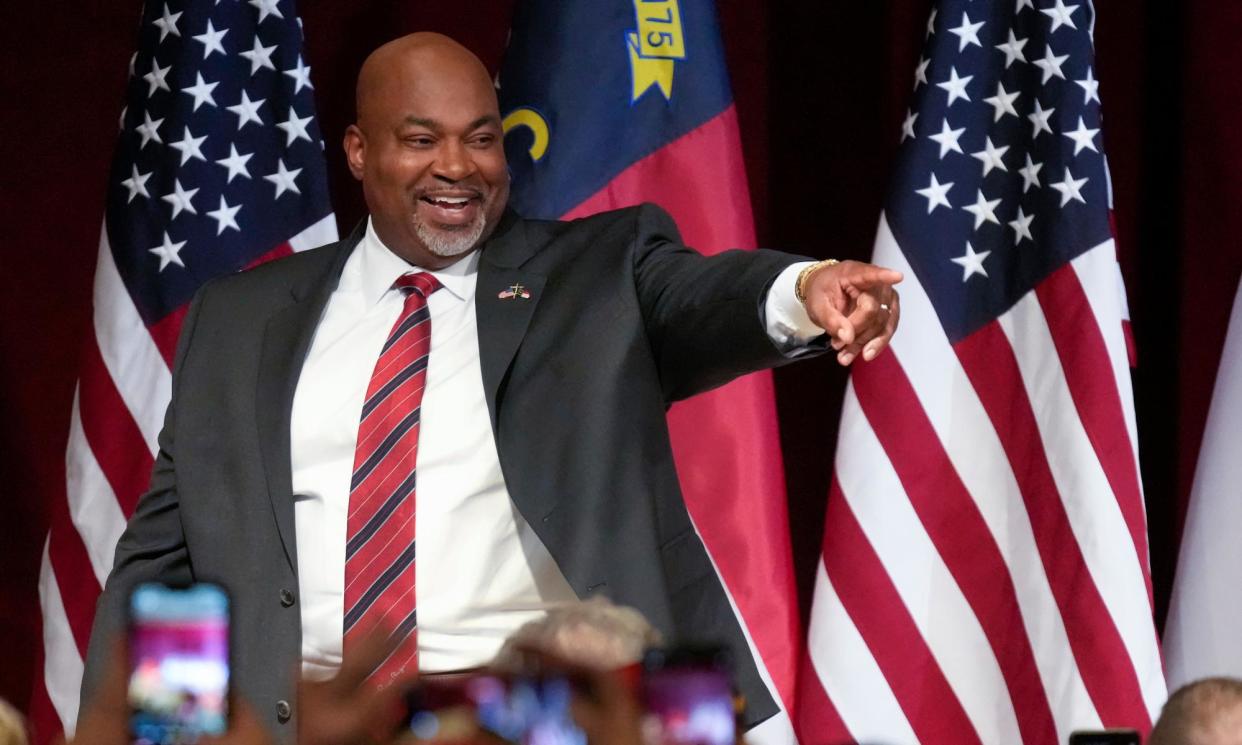 <span>North Carolina lt governor Mark Robinson speaks at an election night event in Greensboro, North Carolina, Tuesday.</span><span>Photograph: Chuck Burton/AP</span>