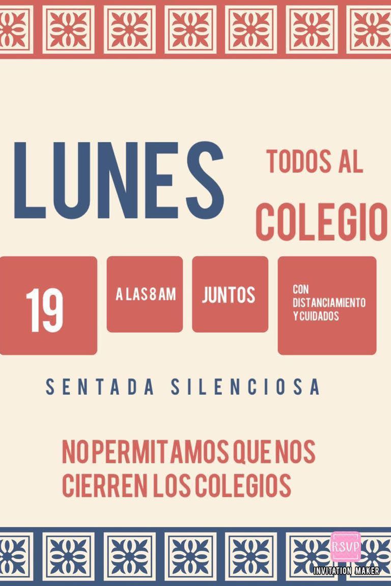 “Sentada silenciosa, no permitamos que nos cierren los colegios”, dice el afiche que ya circula por los chats de mensajería