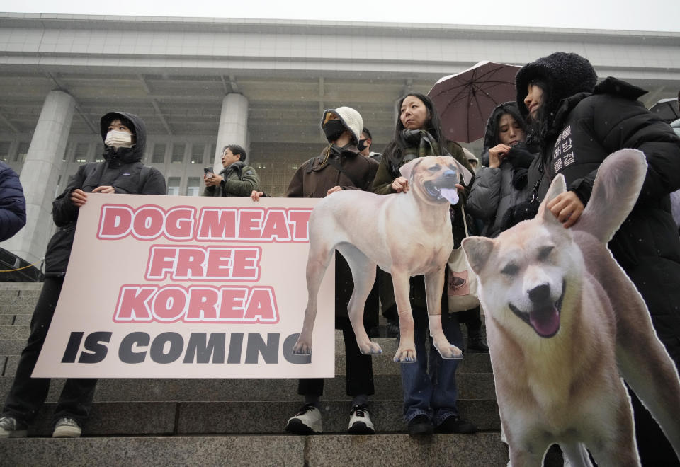 Animal rights activists attend a protest rally supporting the government-led dog meat banning bill at the National Assembly in Seoul, South Korea, Tuesday, Jan. 9, 2024. South Korea's parliament on Tuesday passed a landmark ban on production and sales of dog meat, as public calls for a prohibition have grown sharply over concerns about animal rights and the country's international image. (AP Photo/Ahn Young-joon)