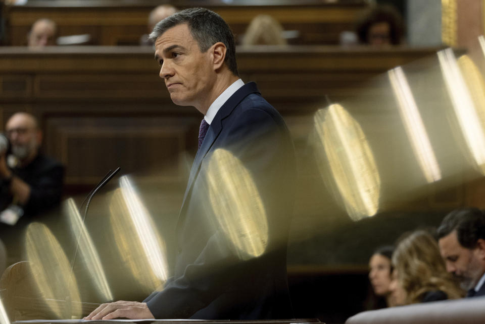 Spain's Prime Minister Pedro Sanchez speaks in the Spanish Parliament in Madrid, May 22, 2024. European Union countries Spain and Ireland as well as Norway announced Wednesday May 22, 2024 their recognition of a Palestinian state. Malta and Slovenia, which also belong to the 27-nation European Union, may follow suit amid international outrage over the civilian death toll and humanitarian crisis in the Gaza Strip following Israel's offensive. (Eduardo Parra/Europa Press via AP)