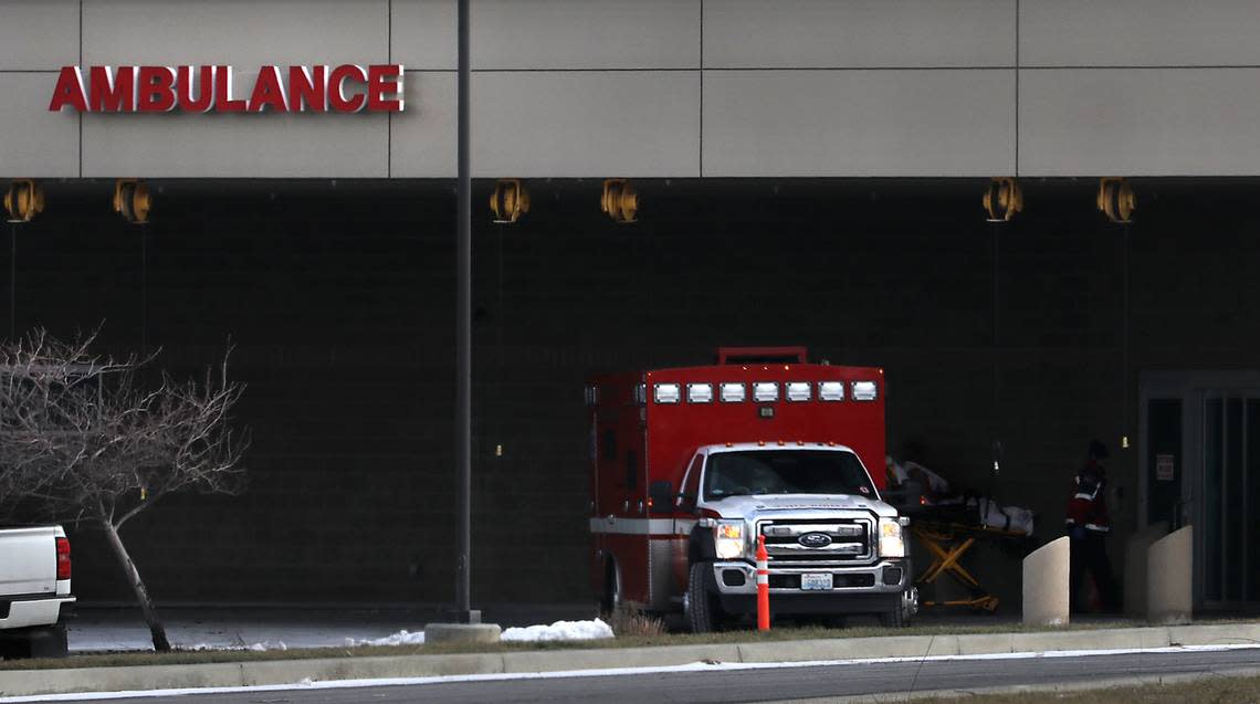 A Kennewick Fire Department ambulance arrives with a patient at Trio Southridge Hospital in Kennewick. Statewide, nearly 1-in-12 emergency calls for injuries in 2022 were related to suspected overdoses. Herald/Bob Brawdy/bbrawdy@tricityherald.com