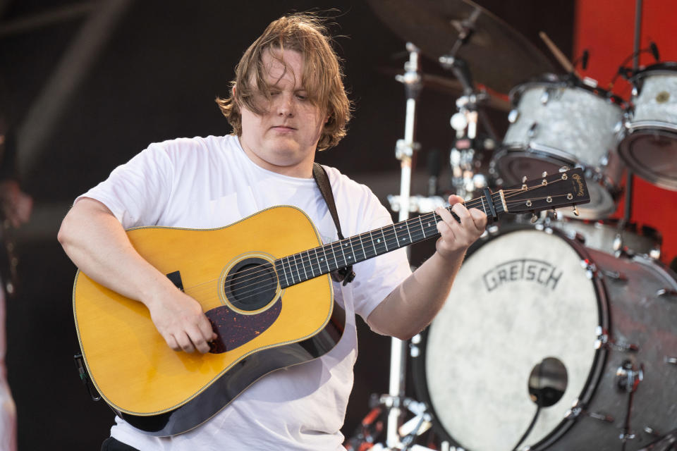 GLASTONBURY, ENGLAND - JUNE 24: Lewis Capaldi performs on The Pyramid Stage at Day 4 of Glastonbury Festival 2023 on June 24, 2023 in Glastonbury, England. (Photo by Harry Durrant/Getty Images)