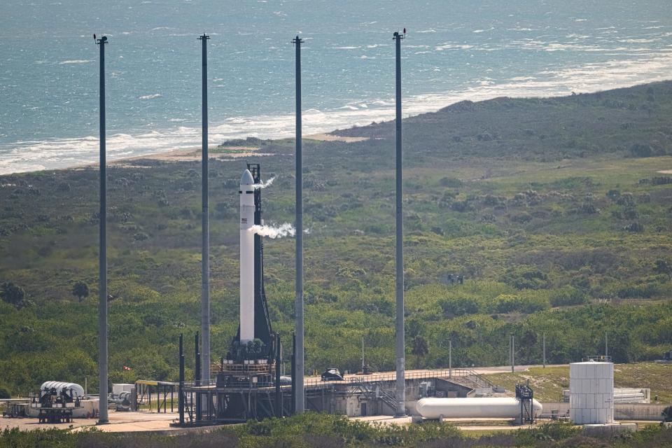 Relativity Space's Terran 1 rocket is seen during fueling operations ahead of a first liftoff attempt on Wednesday, March 8, 2023.