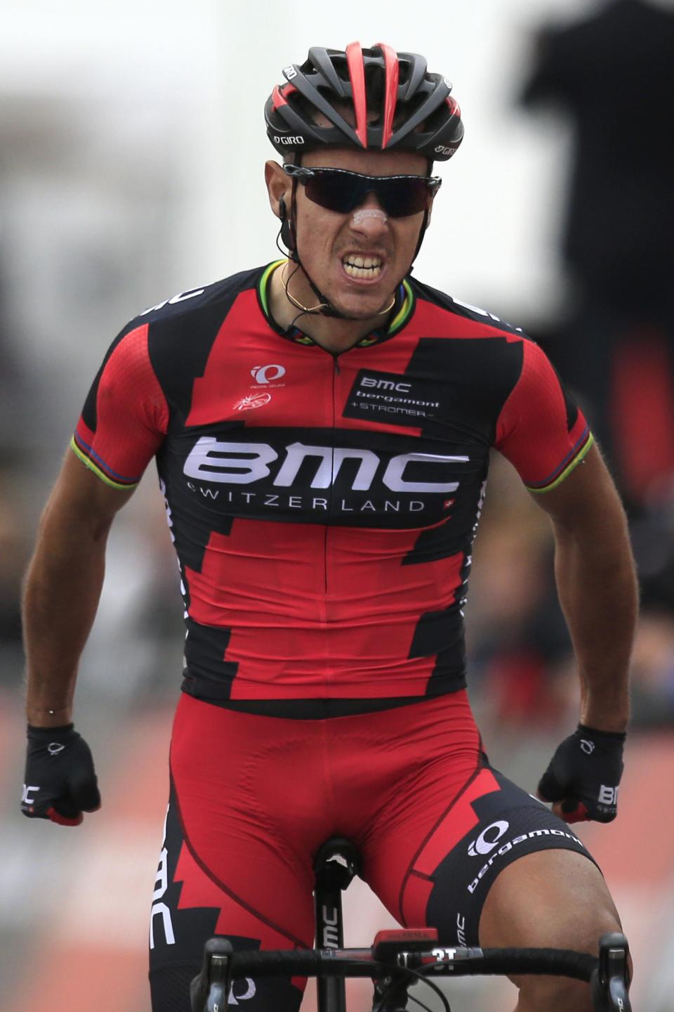 Belgium's Philippe Gilbert clenches his fists as he crosses the finish line to win the 49th edition of the Amstel Gold Cycling Race over 251.8 kilometers (156.5 miles) with start in Maastricht and finish in Valkenburg, southern Netherlands Sunday, April 20, 2014. (AP Photo/Peter Dejong)