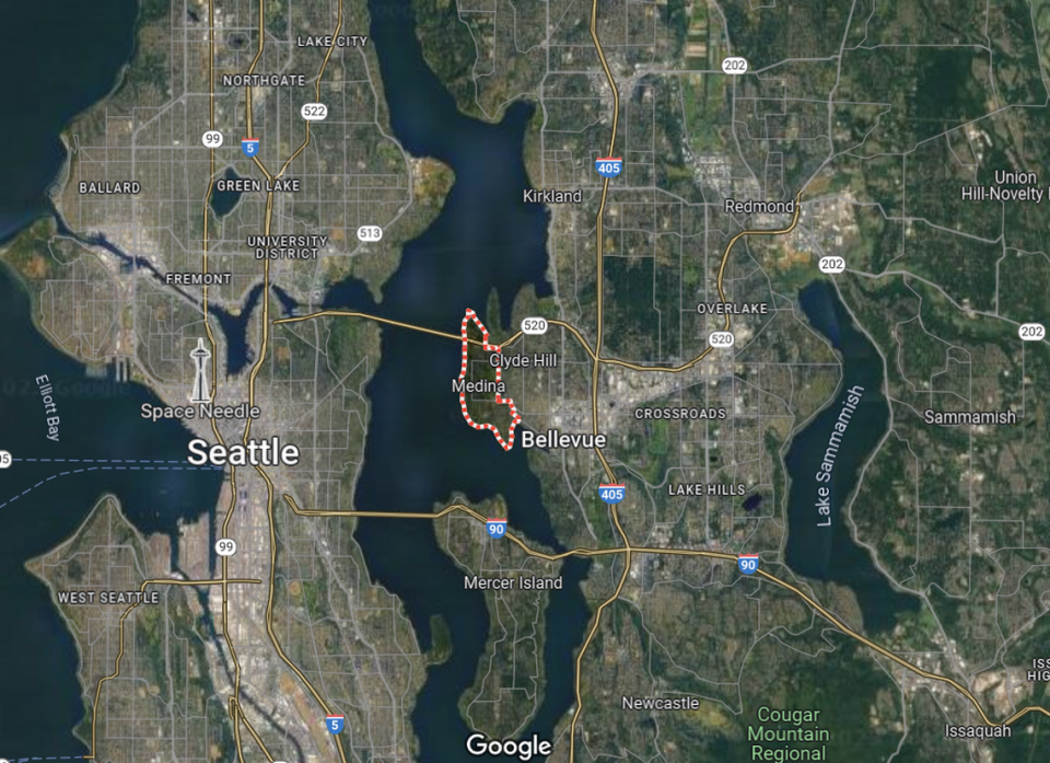 A shot from Google Maps of Medina, Washington. The small suburb of Seattle rests on the bank of Lake Washington, northwest of Bellevue.