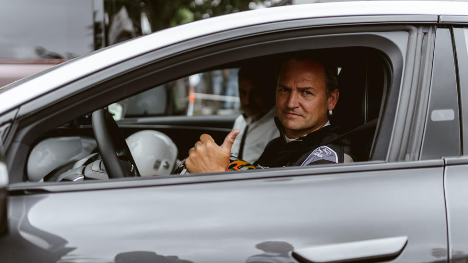 Racer Ben Collins sits behind the wheel of the Air Grand Touring Performance. - Credit: James Lipman, courtesy of Lucid Group, Inc.