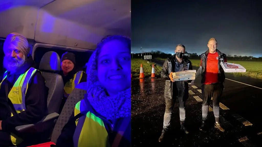 Sikh volunteers and local football club deliver meals to stranded lorry drivers