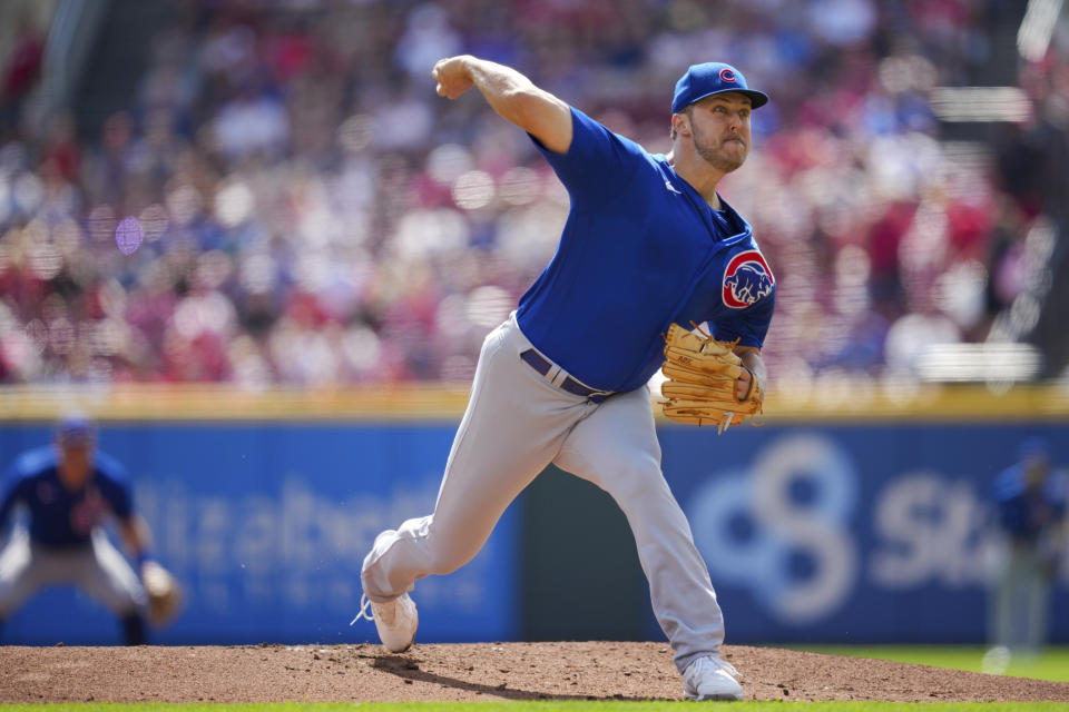 Chicago Cubs' Jameson Taillon throws during the first inning of a baseball game against the Cincinnati Reds in Cincinnati, Sunday, Sept. 3, 2023. (AP Photo/Aaron Doster)