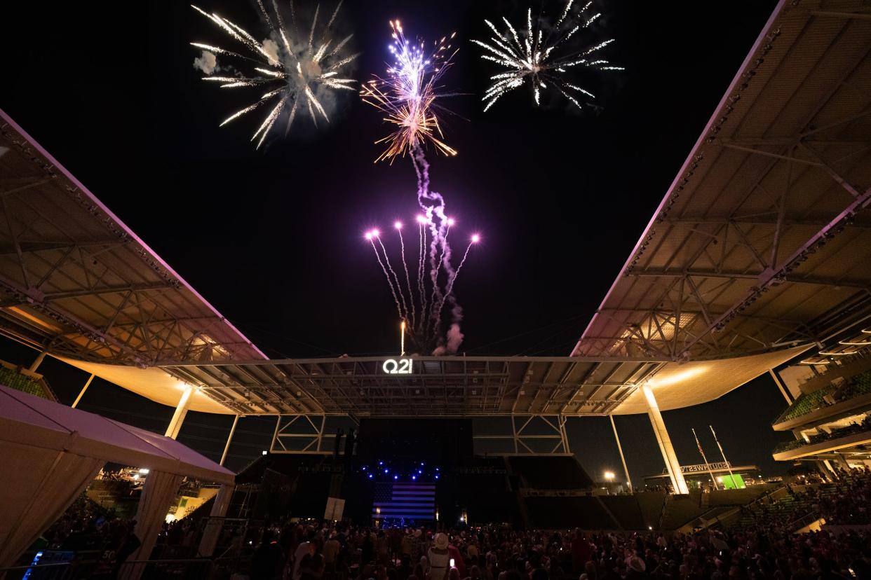 A fireworks display was part of the festivities at the 50th anniversary of Willie Nelson's Fourth of July Picnic at Austin's Q2 Stadium in 2023.