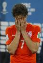 Daryl Janmaat of the Netherlands reacts to his team's loss to Argentina after their 2014 World Cup semi-finals at the Corinthians arena in Sao Paulo July 9, 2014. REUTERS/Sergio Moraes