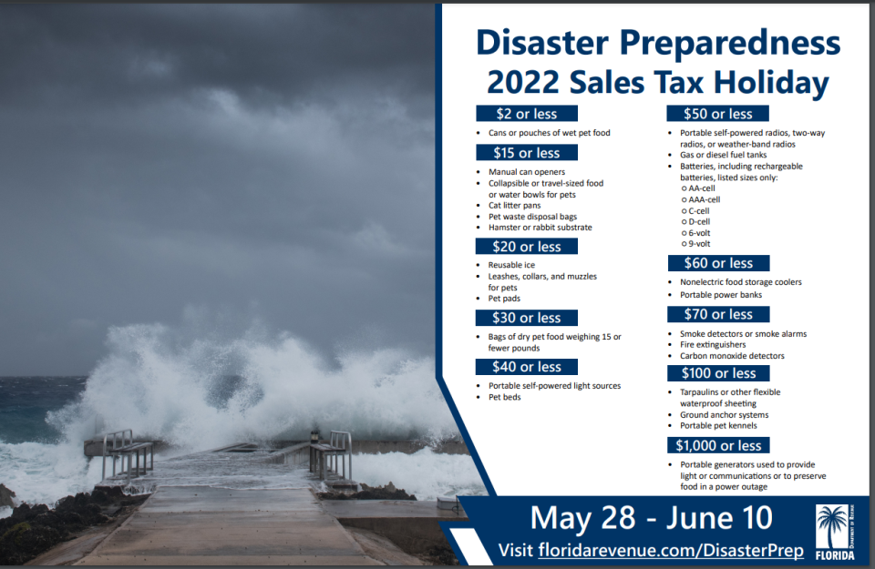 The 2022 sales tax holiday for disaster preparedness runs from May 28 to June 10.