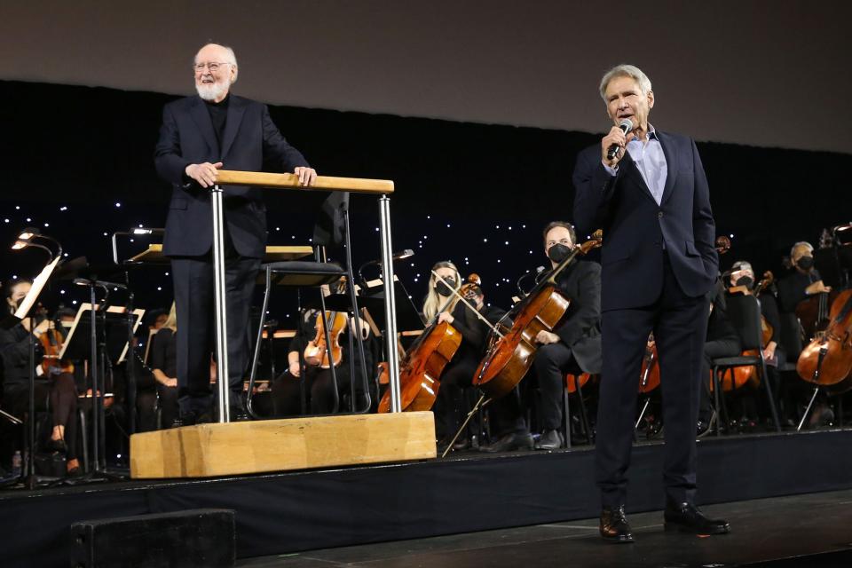 Harrison Ford of the upcoming fifth installment of the “Indiana Jones” franchise honors composer John Williams on his 90th birthday at Star Wars Celebration in Anaheim, California on May 26, 2022.