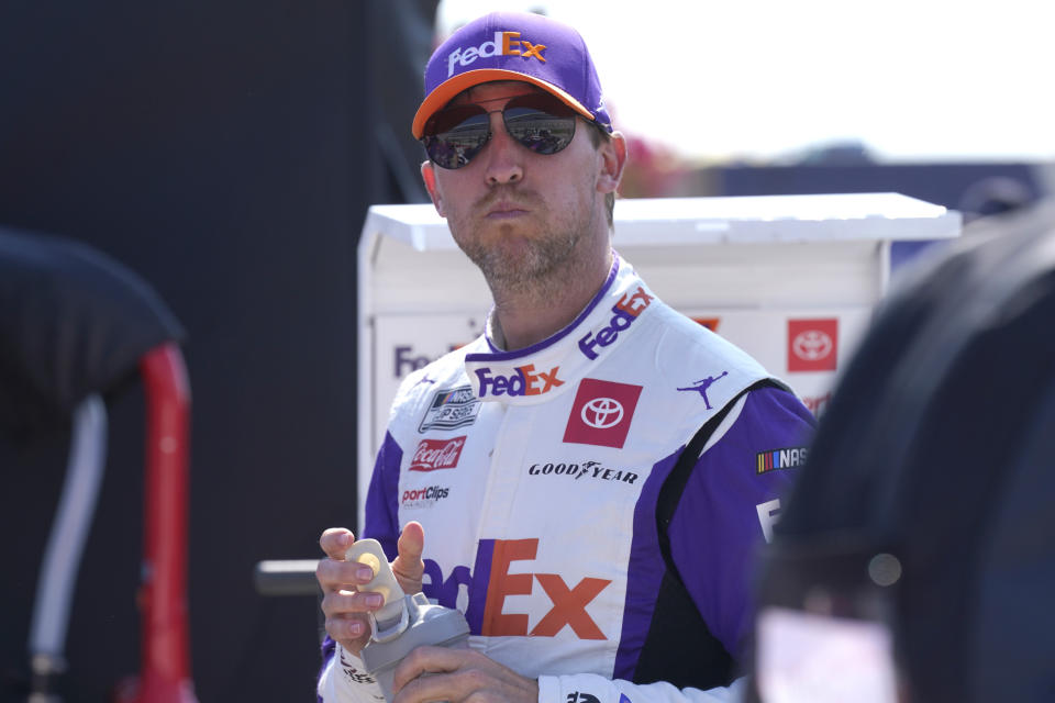 Denny Hamlin prepares to drives during practice for the NASCAR Cup Series auto race at Texas Motor Speedway in Fort Worth, Texas, Saturday, Sept. 24, 2022. (AP Photo/LM Otero)