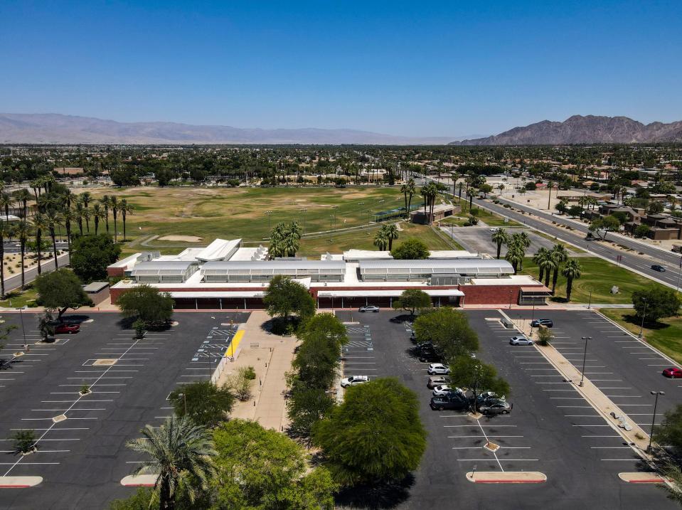 The Palm Desert branch and College of the Desert libraries are seen from above their parking lots in June 2023.