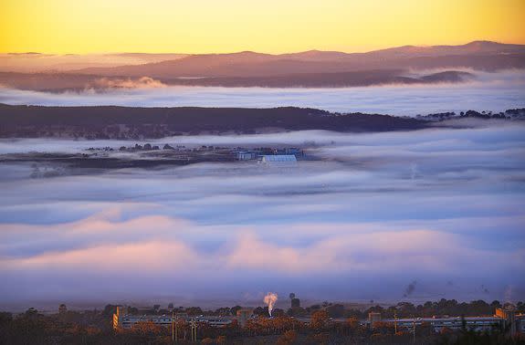 Canberra in fog from Mount Ainslie, Australian Capital Territory, Australia.