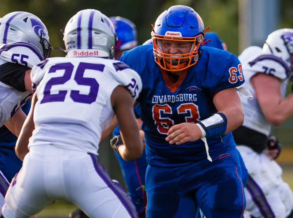 Edwardsburg's Brennen Brady-Brittain goes for a block during the Edwardsburg vs. Three Rivers High School football game Thursday, Sept. 2, 2021 at Edwardsburg High School. 