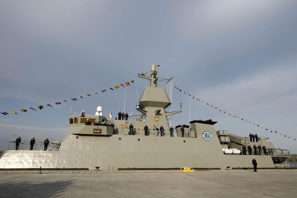 In this picture released by the official website of the Iranian Army on Monday, Nov. 27, 2023, Deilaman destroyer is docked during a ceremony marking its inauguration in a naval base in the Caspian Sea, in northern Iran. Iran’s navy on Monday added a destroyer capable of launching cruise missiles to its Caspian Sea fleet, state media reported. The 1,400-ton Deilaman destroyer, named for a town in north of Iran, is 95 meters (312 feet) long and 11 meters (36 feet) wide and is able to launch torpedoes while traveling at 30 knots (56 kph, 35 mph), the state-owned IRNA news agency said. (Iranian Army via AP)