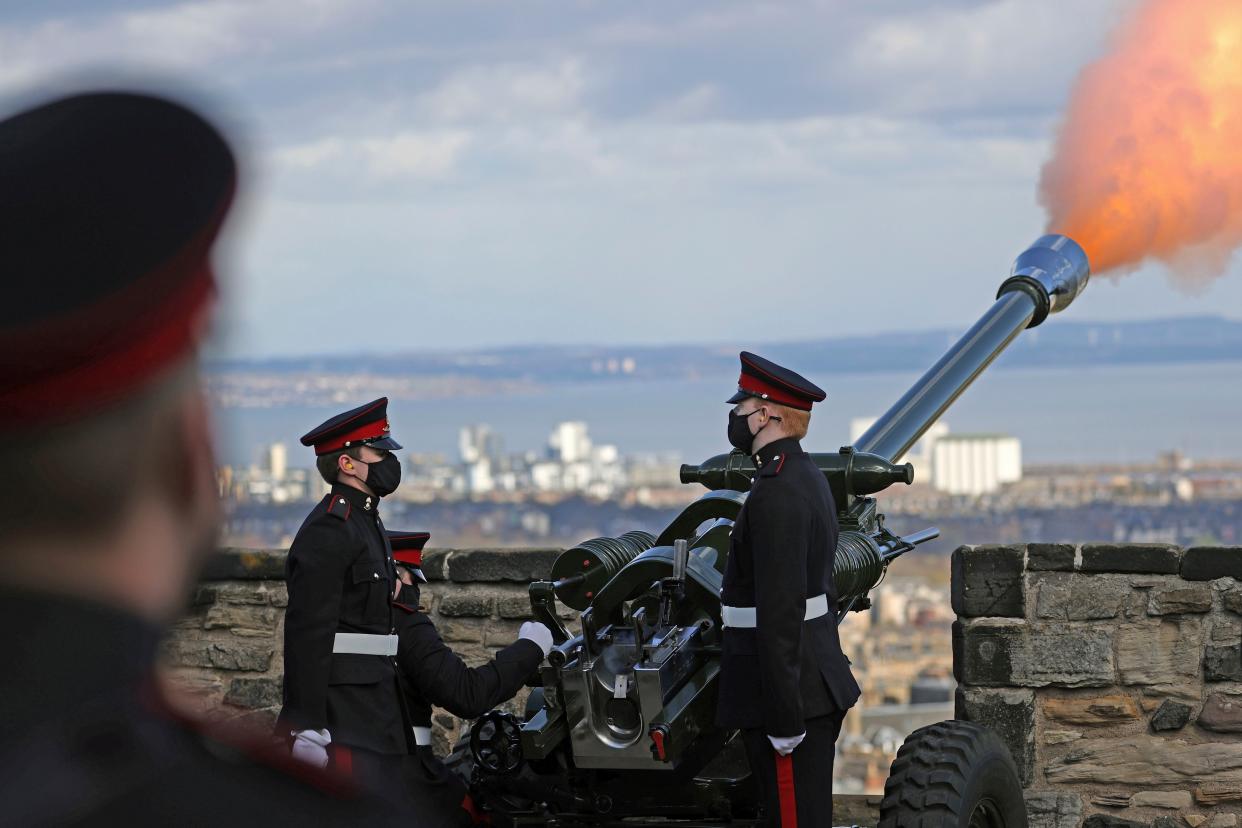 A gun salute to commemorate Britain's Prince Philip, at Edinburgh Castle in Edinburgh, Saturday, April 17, 2021. A single round was fired at 1500, followed by a single round at 1501 to begin and end the National Minute Silence immediately before the funeral service of The Duke of Edinburgh.