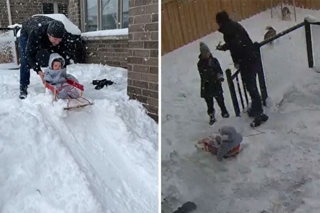 Baby has sledging mishap in backyard during his first snow experience in Canada