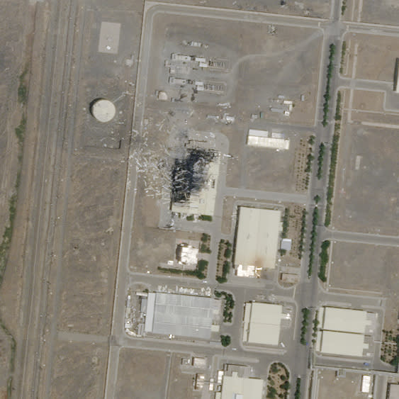 This Sunday, July 5, 2020 satellite image from Planet Labs Inc. shows the substantial damage done by an explosion and a fire at an advanced centrifuge assembly plant at Iran's Natanz nuclear site. Israeli leaders are now hinting it was behind the massive fire at the Iranian nuclear site last week, potentially ratcheting up a long-running covert war. (Planet Labs Inc. via AP)