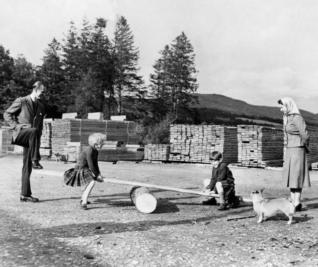 Charles with his sister Princess Anne, and parents Elizabeth II and the Duke of Edinburgh, playing on a see-saw made from a log and a plank of wood at Balmoral in 1957 