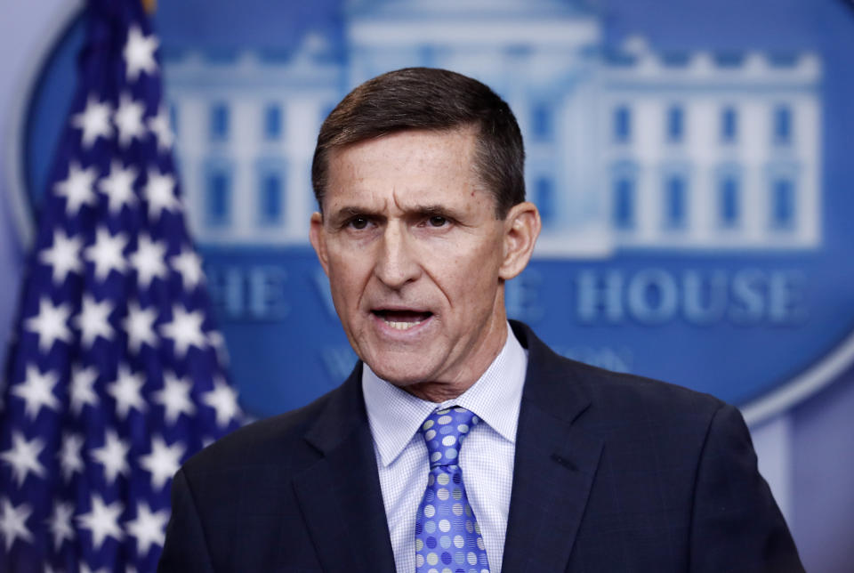 FILE - In this Feb. 1, 2017 file photo, National Security Adviser Michael Flynn speaks during the daily news briefing at the White House, in Washington. House intelligence committee has issued subpoenas for former national security adviser Michael Flynn and Rick Gates, a former Trump campaign aide. (AP Photo/Carolyn Kaster)