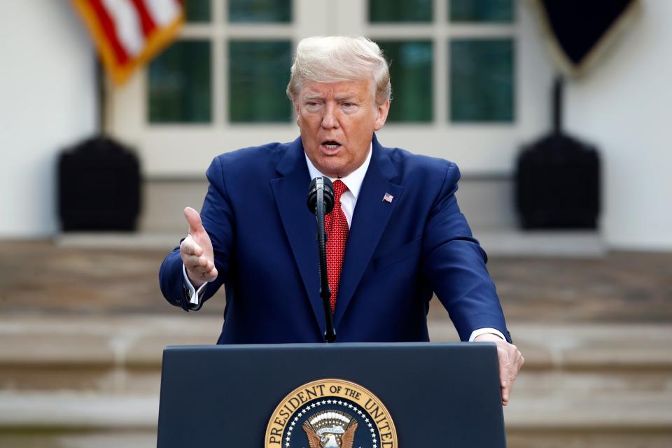 President Donald Trump speaks during a coronavirus task force briefing in the Rose Garden of the White House, March 29, 2020, in Washington.