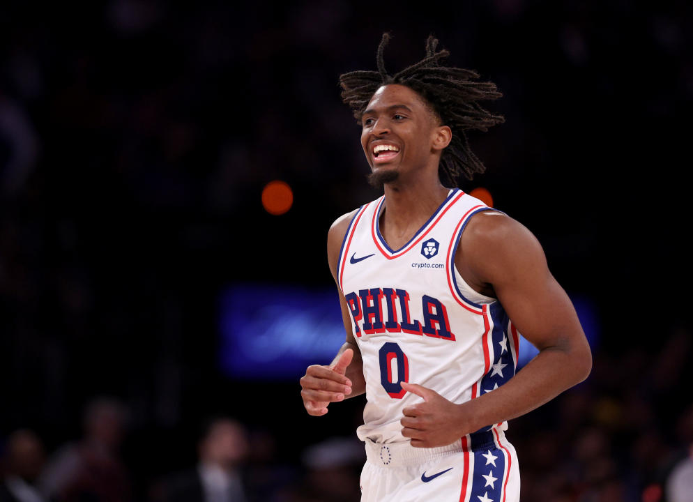 NEW YORK, NEW YORK - APRIL 30: Tyrese Maxey #0 of the Philadelphia 76ers reacts during the second half against the New York Knicks at Madison Square Garden on April 30, 2024 in New York City. The Philadelphia 76ers defeated the New York Knicks 112-106 in overtime. NOTE TO USER: User expressly acknowledges and agrees that, by downloading and or using this photograph, User is consenting to the terms and conditions of the Getty Images License Agreement. (Photo by Elsa/Getty Images)