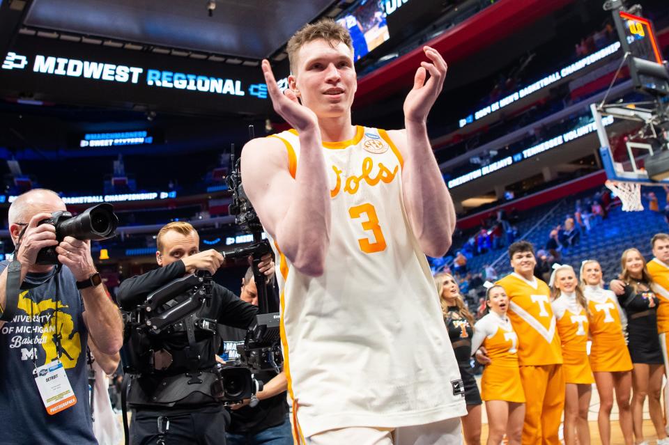 Tennessee guard Dalton Knecht walks off the court after the Volunteers' win over Creighton.