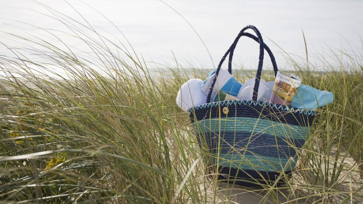 beach bag packed for day at beach