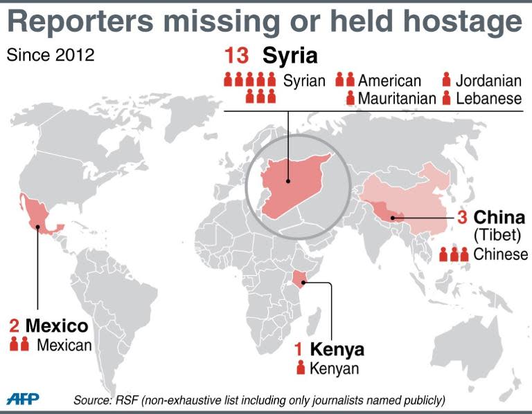 Map locating journalists missing or abducted since 2012 according to RSF