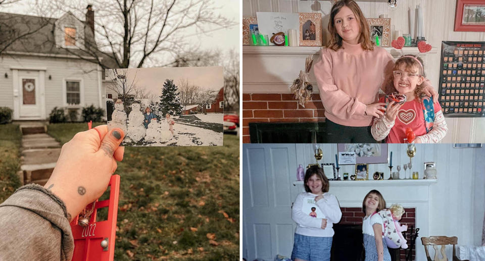 One photo of the front of Nicole's childhood home, with a old photo of her and her sister in front of it. Another set of photos of Nicole's two kids standing in front of the fireplace and then one of Nicole and her sister in the same spot as children.