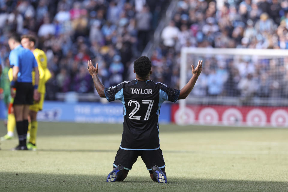 Minnesota United defender D.J. Taylor reacts after the second half of an MLS soccer match against the Columbus Crew, Saturday, March 2, 2024, in St. Paul, Minn. The game ended in a 1-1 draw. (AP Photo/Stacy Bengs)