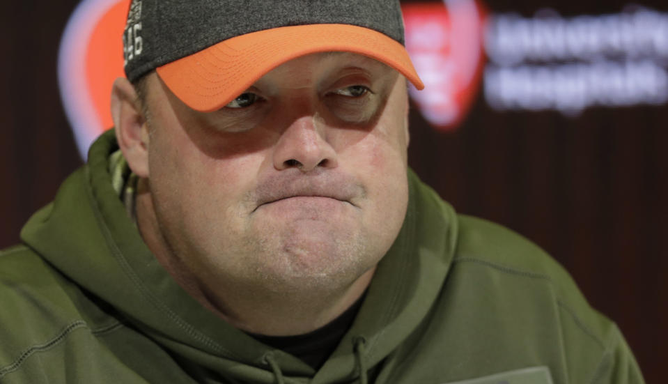 Cleveland Browns head coach Freddie Kitchens speaks at a news conference at the NFL football team's training camp facility, Monday, Nov. 18, 2019, in Berea, Ohio. Browns star defensive end Myles Garrett has not yet scheduled the appeal for his indefinite NFL suspension for striking Pittsburgh quarterback Mason Rudolph with a helmet.(AP Photo/Tony Dejak)