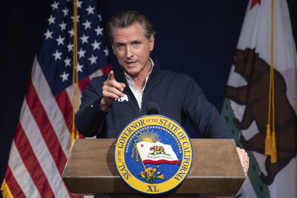 FILE - California Gov. Gavin Newsom speaks in Sacramento, Calif., Jan. 10, 2023. On Wednesday, March 8, 2023, Newsom announced he would not renew a state contract with Walgreens after the company indicated it would not sell abortion pills in some conservative-led states. (AP Photo/José Luis Villegas, File)