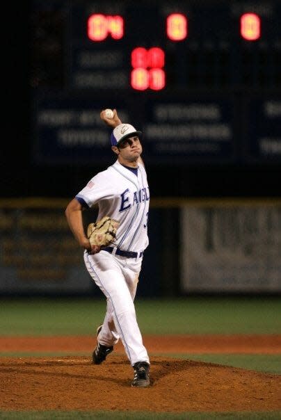 FGCU’s Richard Bleier delivers a pitch against Notre Dame on March 16, 2007. The Eagles won the game 5-3, and it also was the first ever win against a Division I opponent for FGCU.