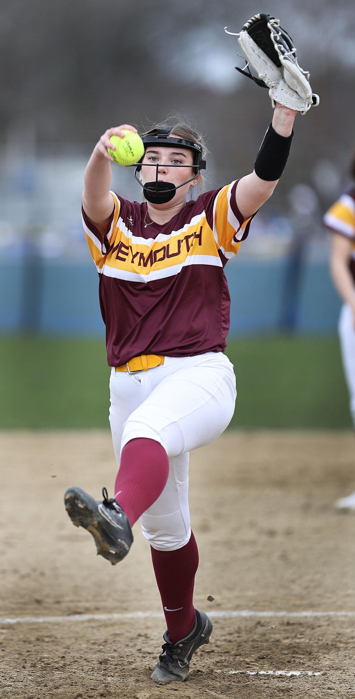 Weymouth starting pitcher Maddie Smith pitches in the first inning.
The Braintree Wamps host the Weymouth Wildcats in softball at Braintree High on Wednesday April 10, 2024